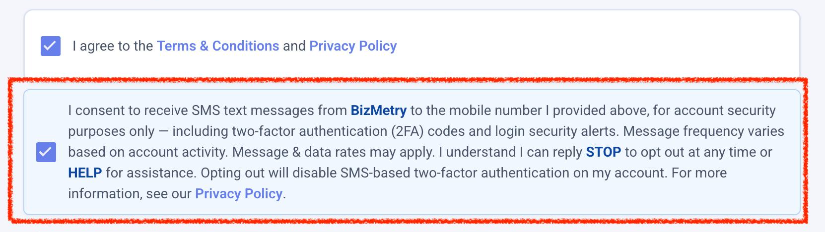 SMS consent checkbox