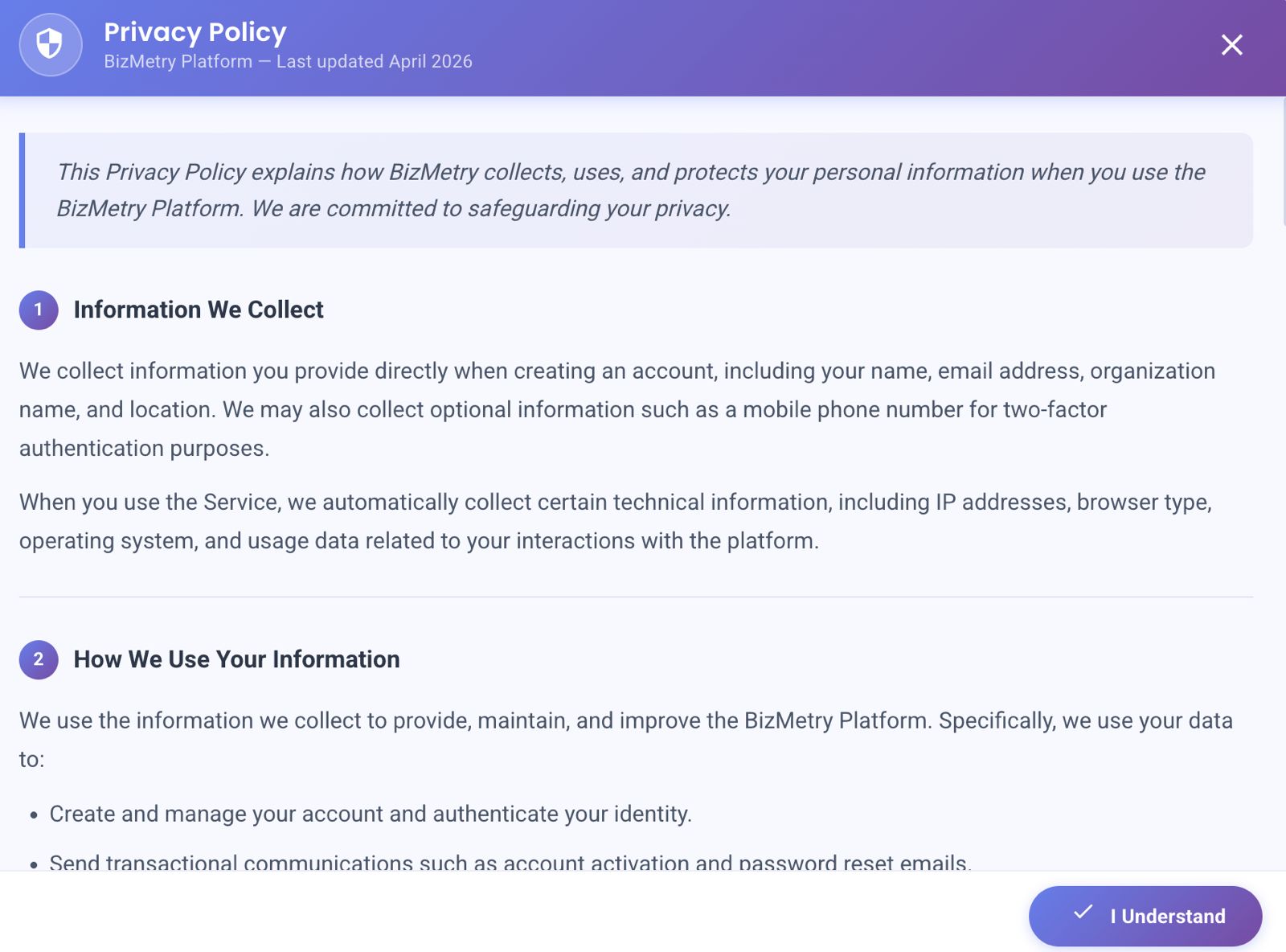Privacy Policy dialog