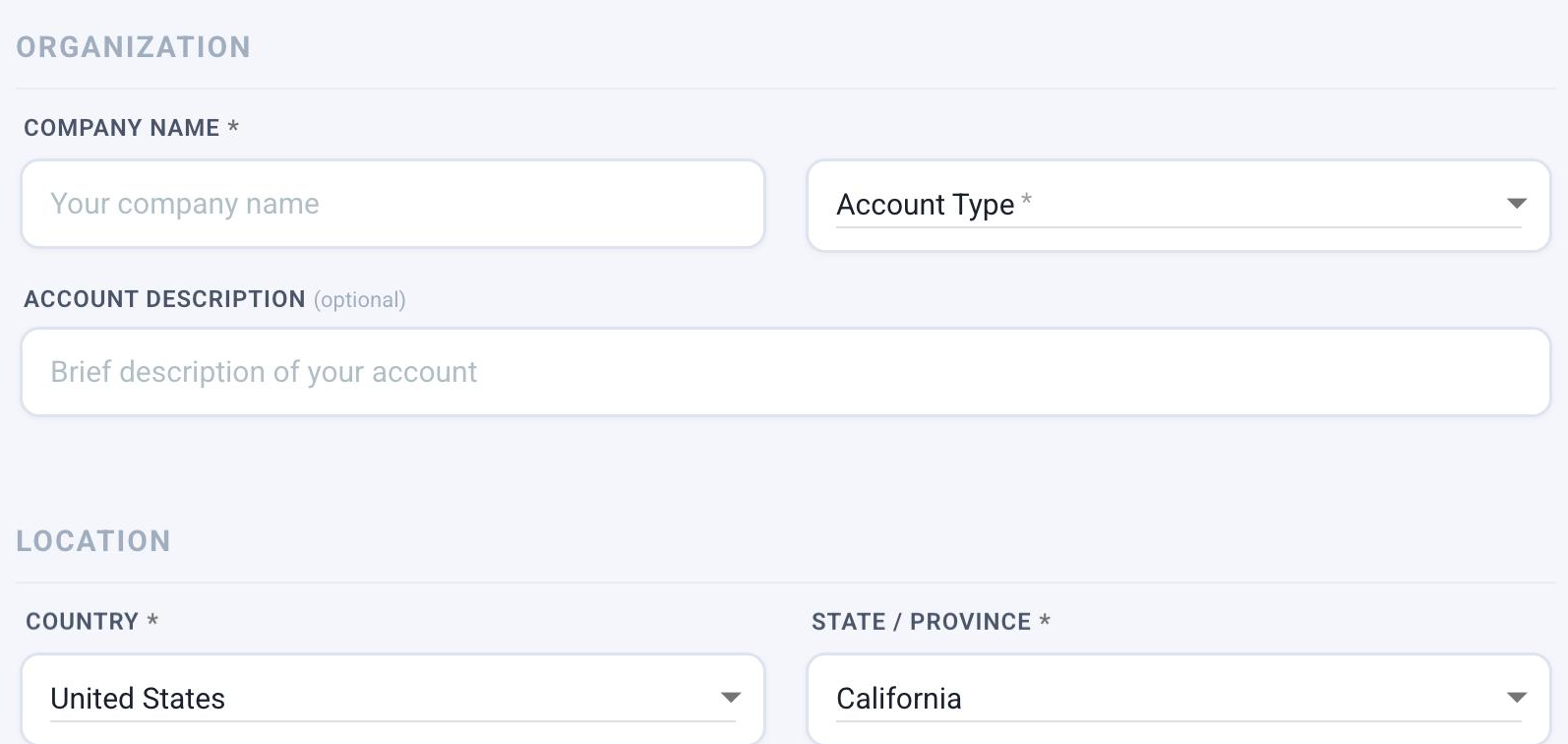 Registration form — Organization and Location sections