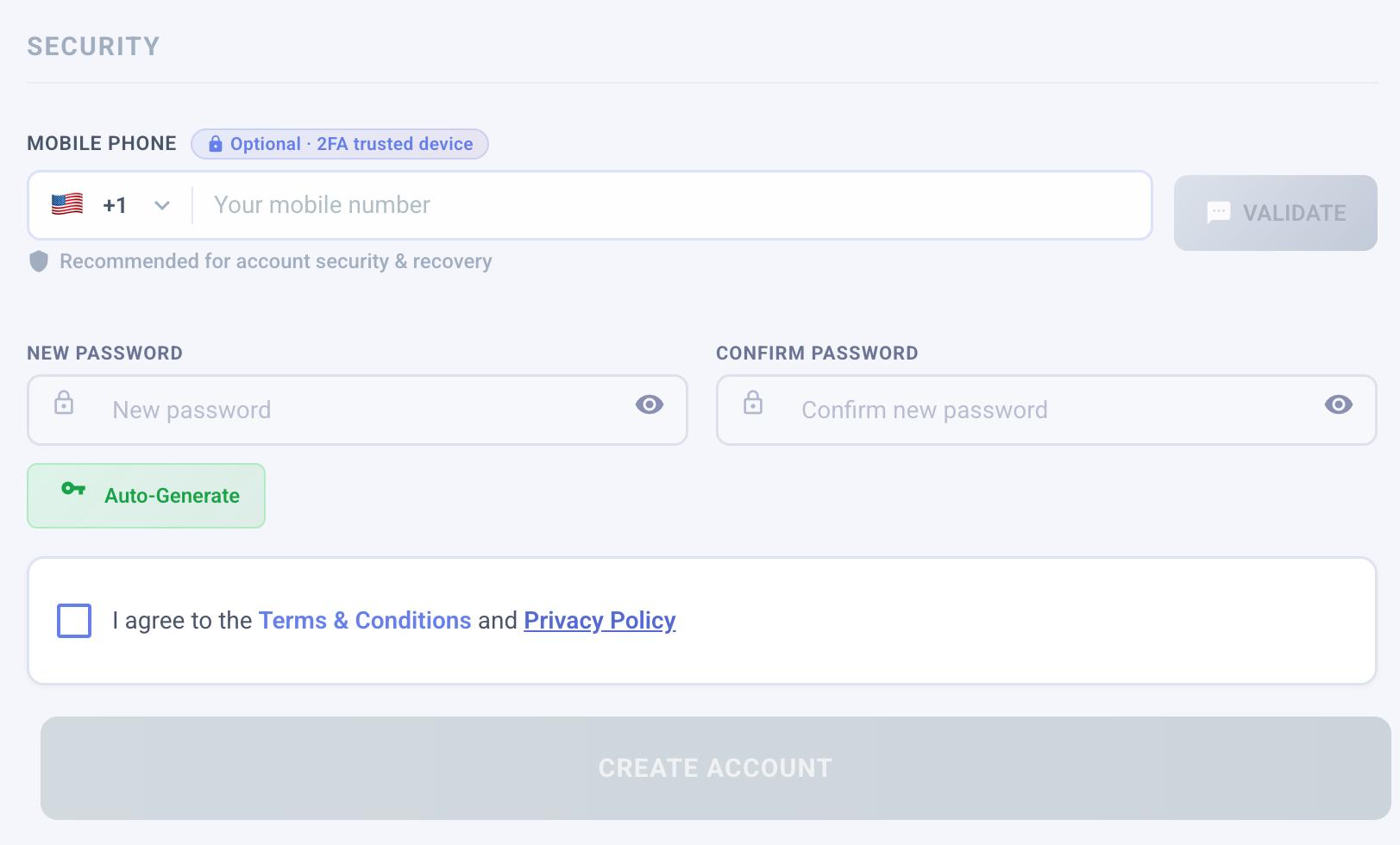 Registration form — Security section