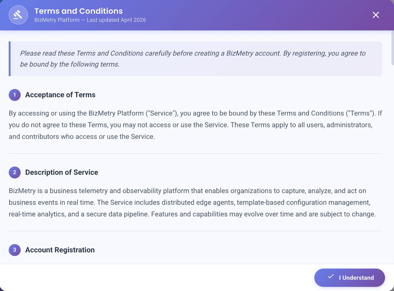 Terms and Conditions dialog