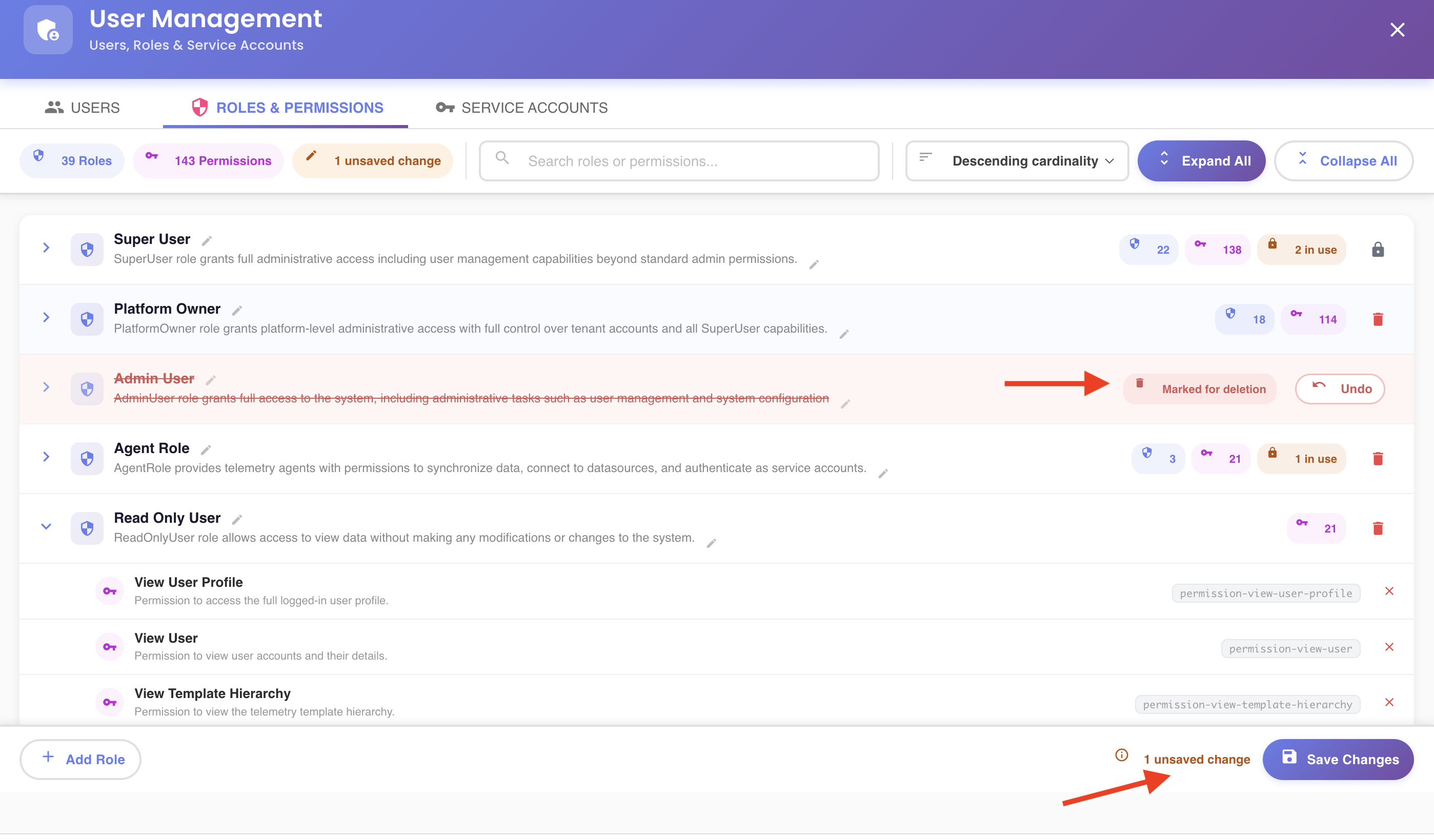 Role marked for deletion, with Undo and the unsaved-changes indicator