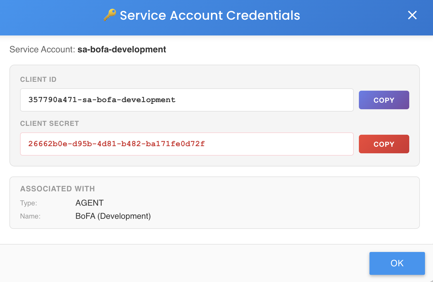 Service Account Credentials modal