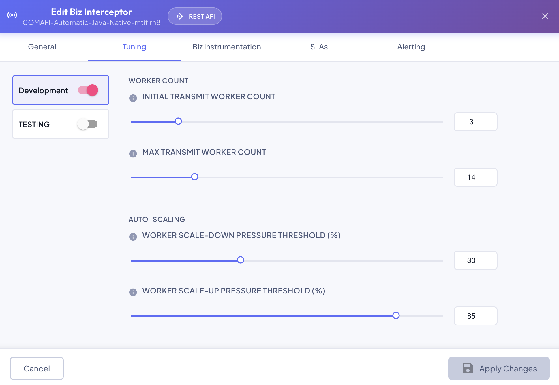 Self-Tuning sub-tab — worker count and auto-scaling thresholds