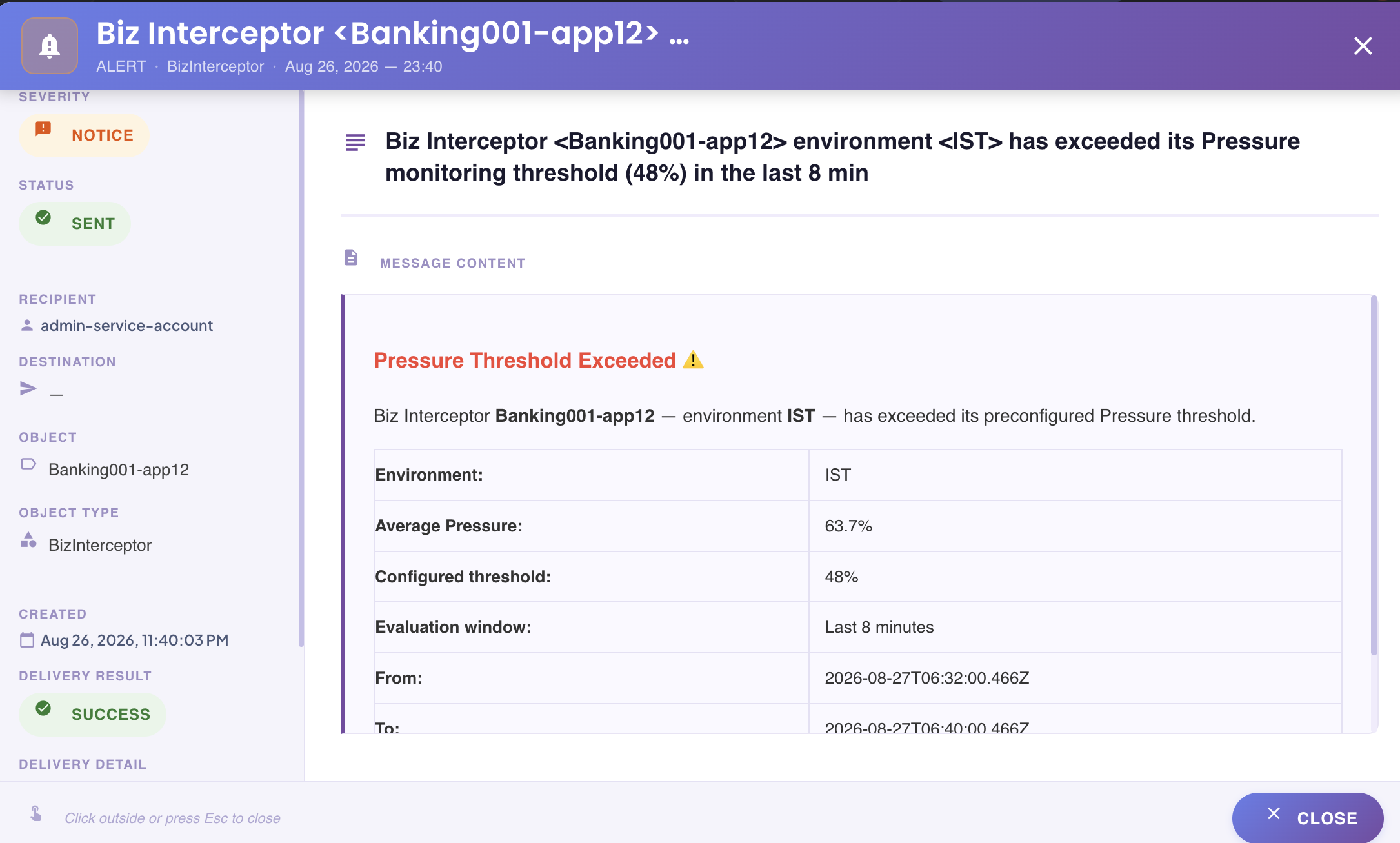 Pressure threshold exceeded — example notification