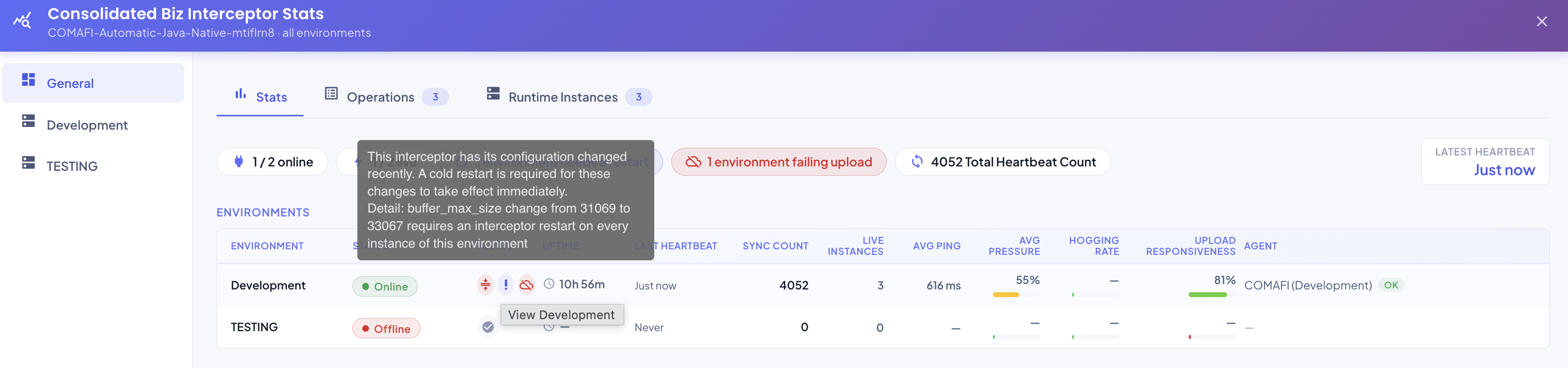 Hovering the Alerts column's restart-required icon names the exact config change
