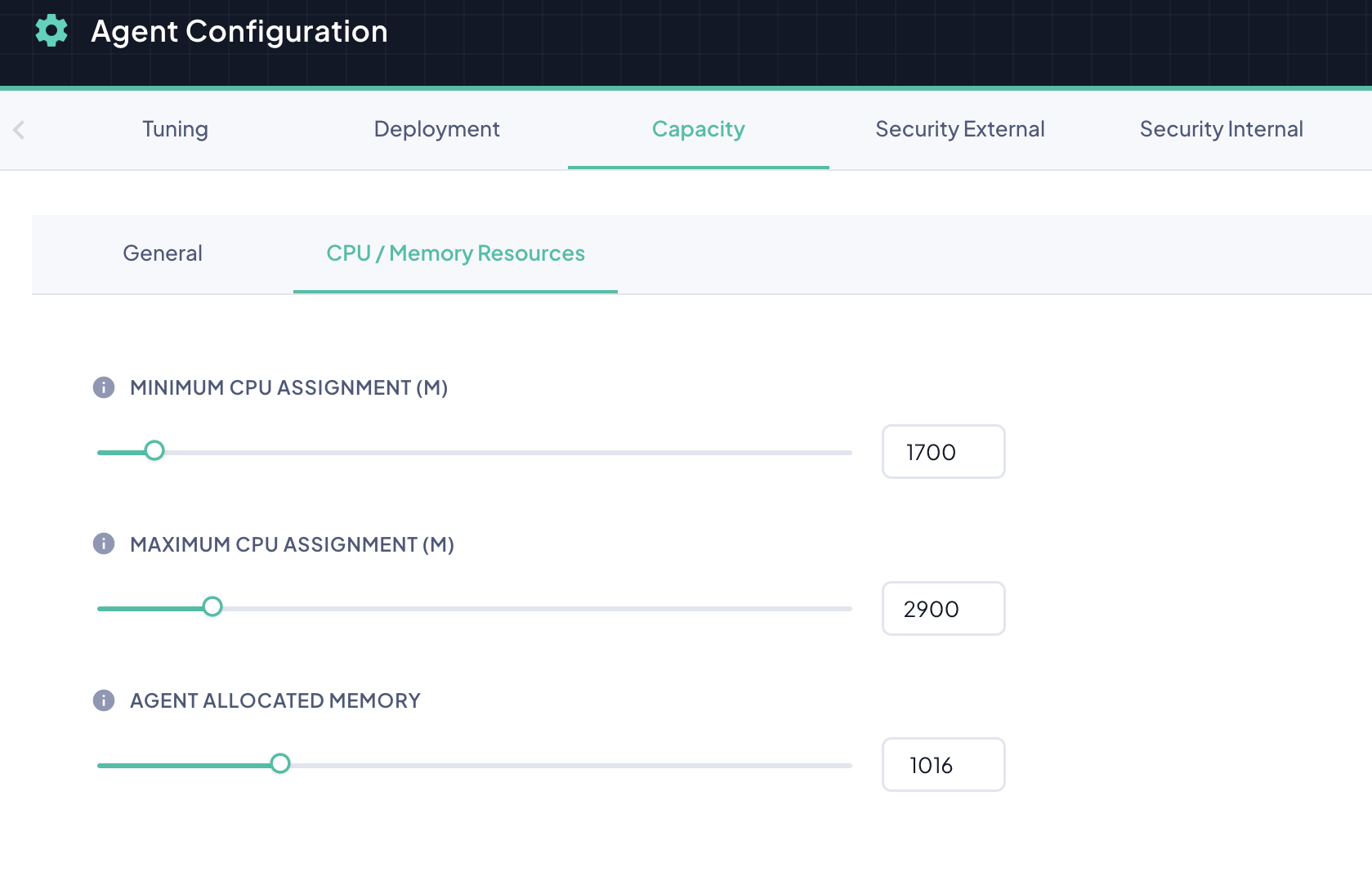 Agent Configuration Dialog — Capacity Tab, CPU / Memory Resources sub-tab