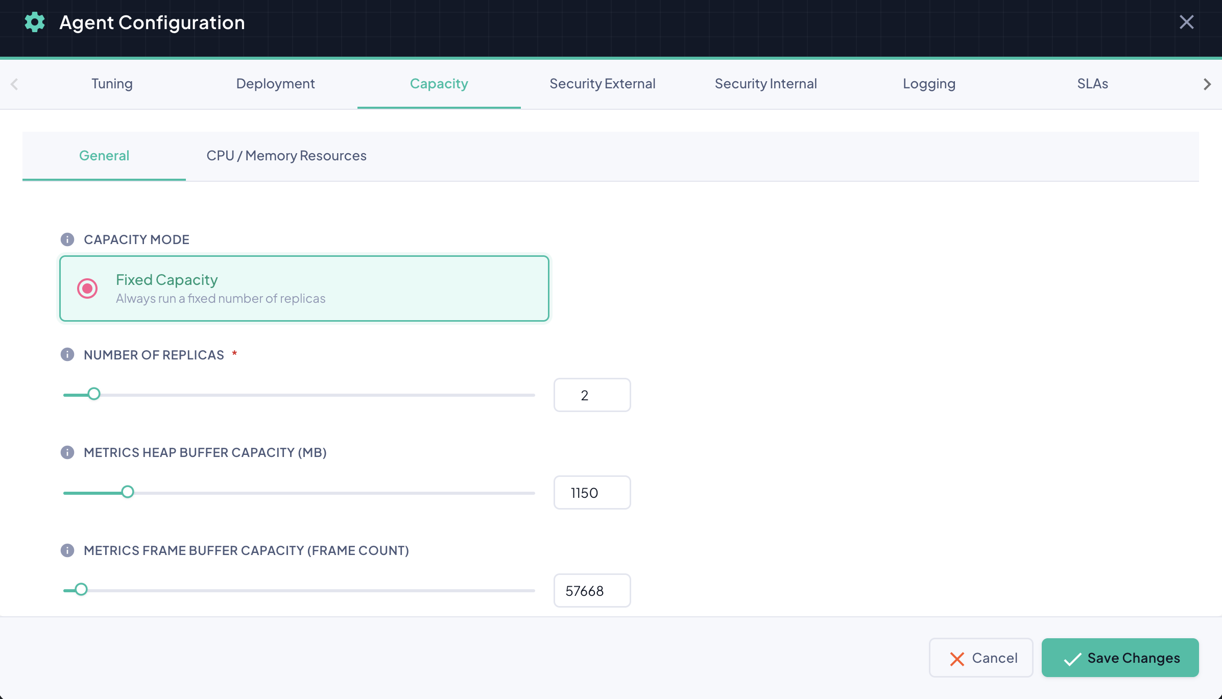 Agent Configuration Dialog — Capacity Tab, General sub-tab