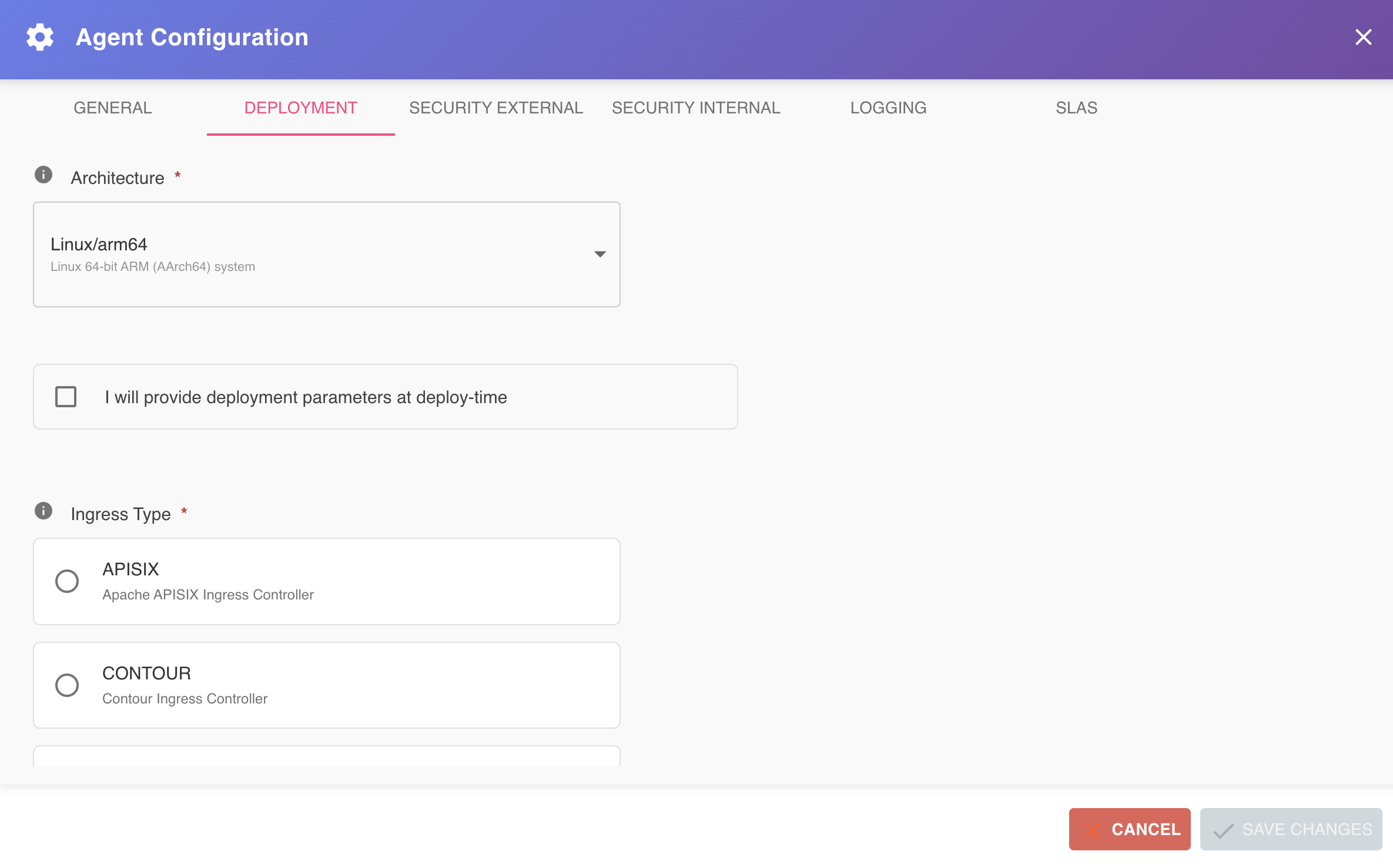 Agent Configuration Dialog — Deployment Tab