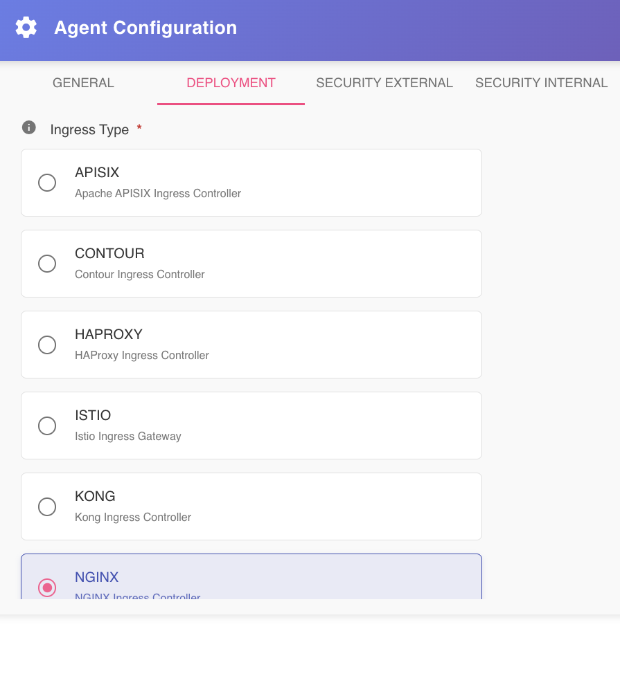 Agent Configuration Dialog — Deployment Tab - Ingress Type