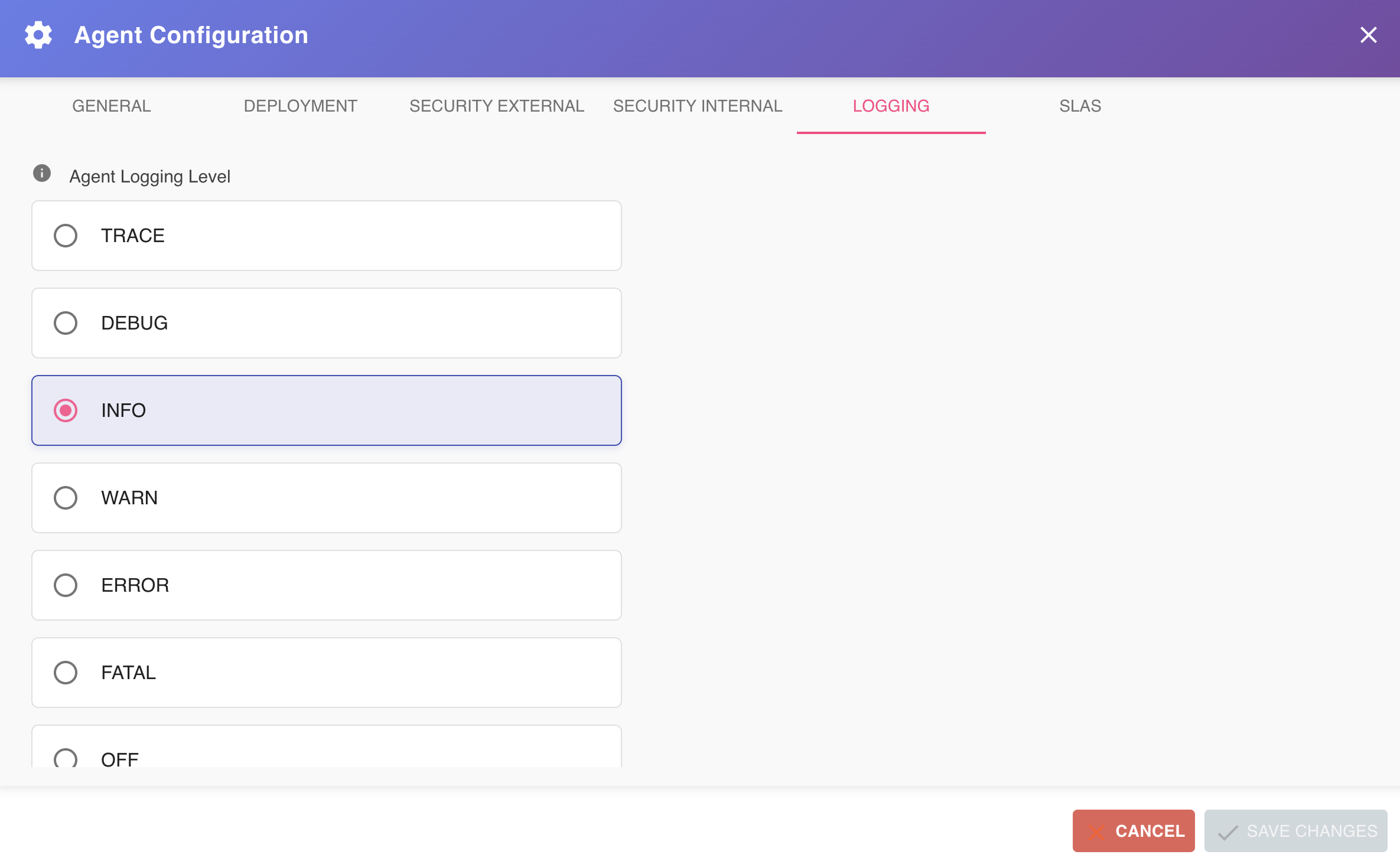 Agent Configuration Dialog — Logging Tab