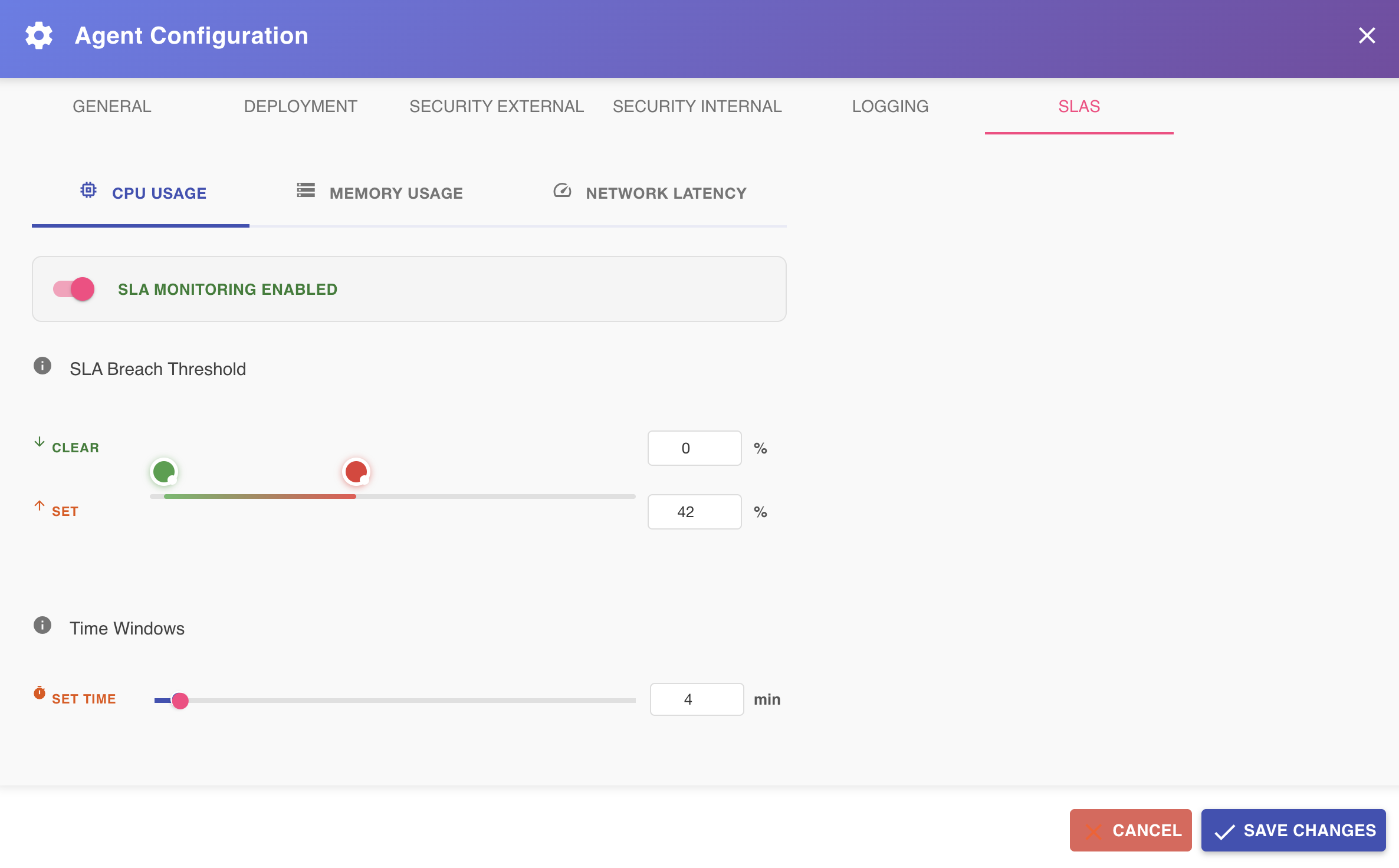 Agent Configuration Dialog — SLAs Tab