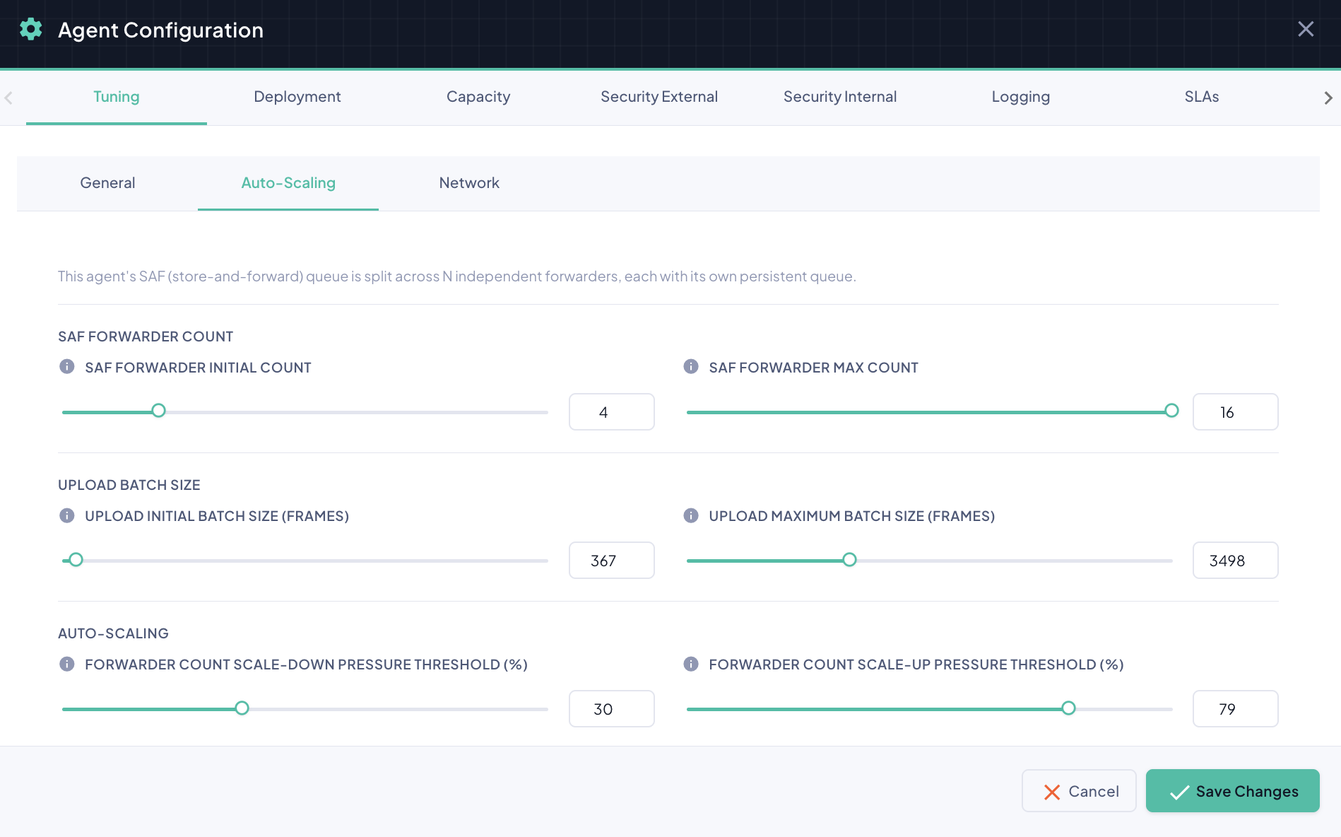 Agent Configuration Dialog — Tuning, Auto-Scaling