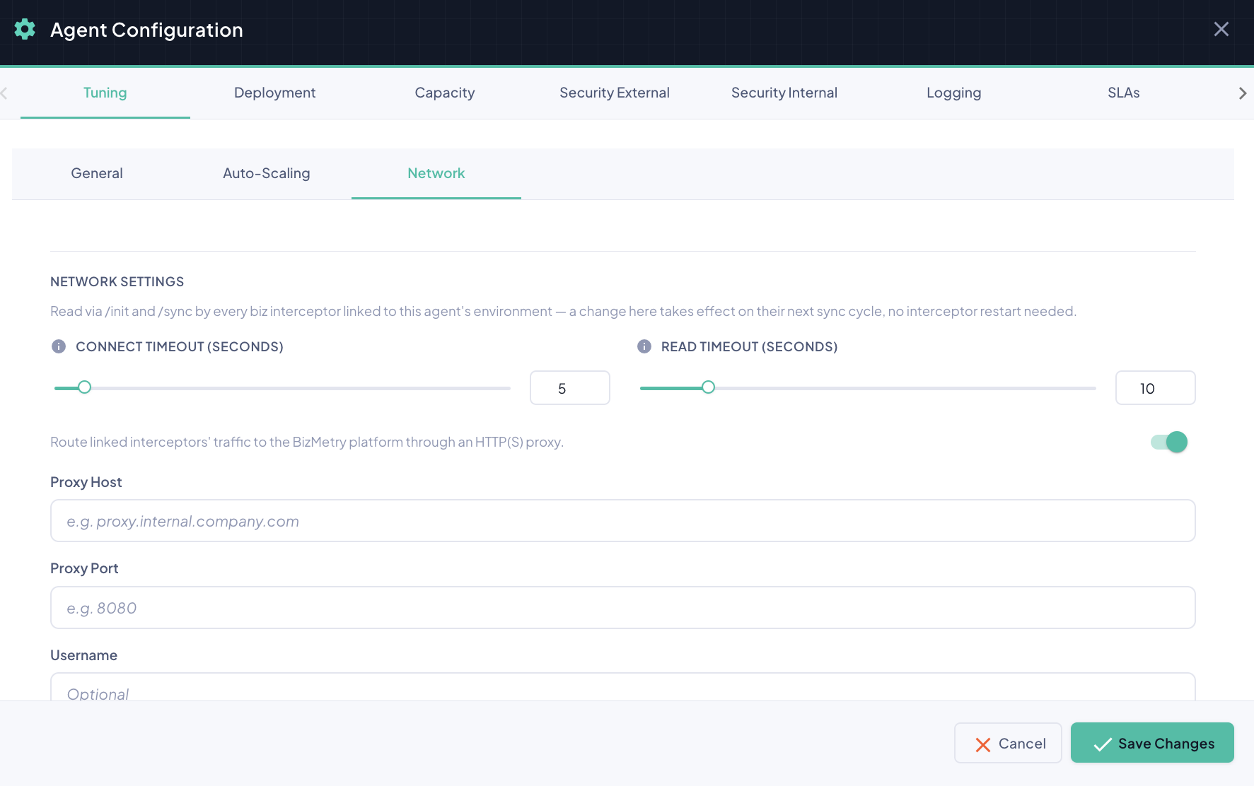 Agent Configuration Dialog — Tuning, Network