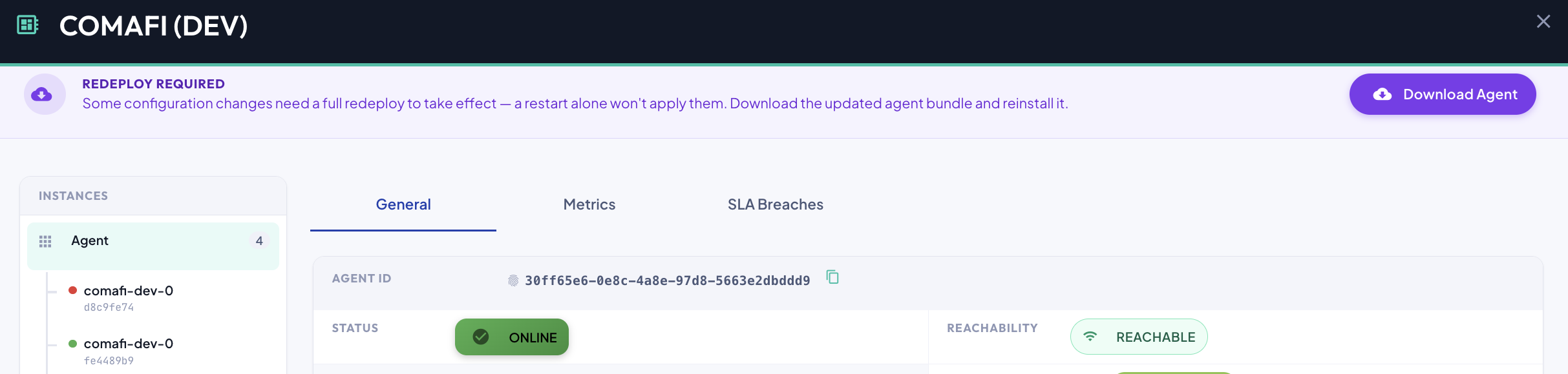 Agent Details — Redeploy Required banner