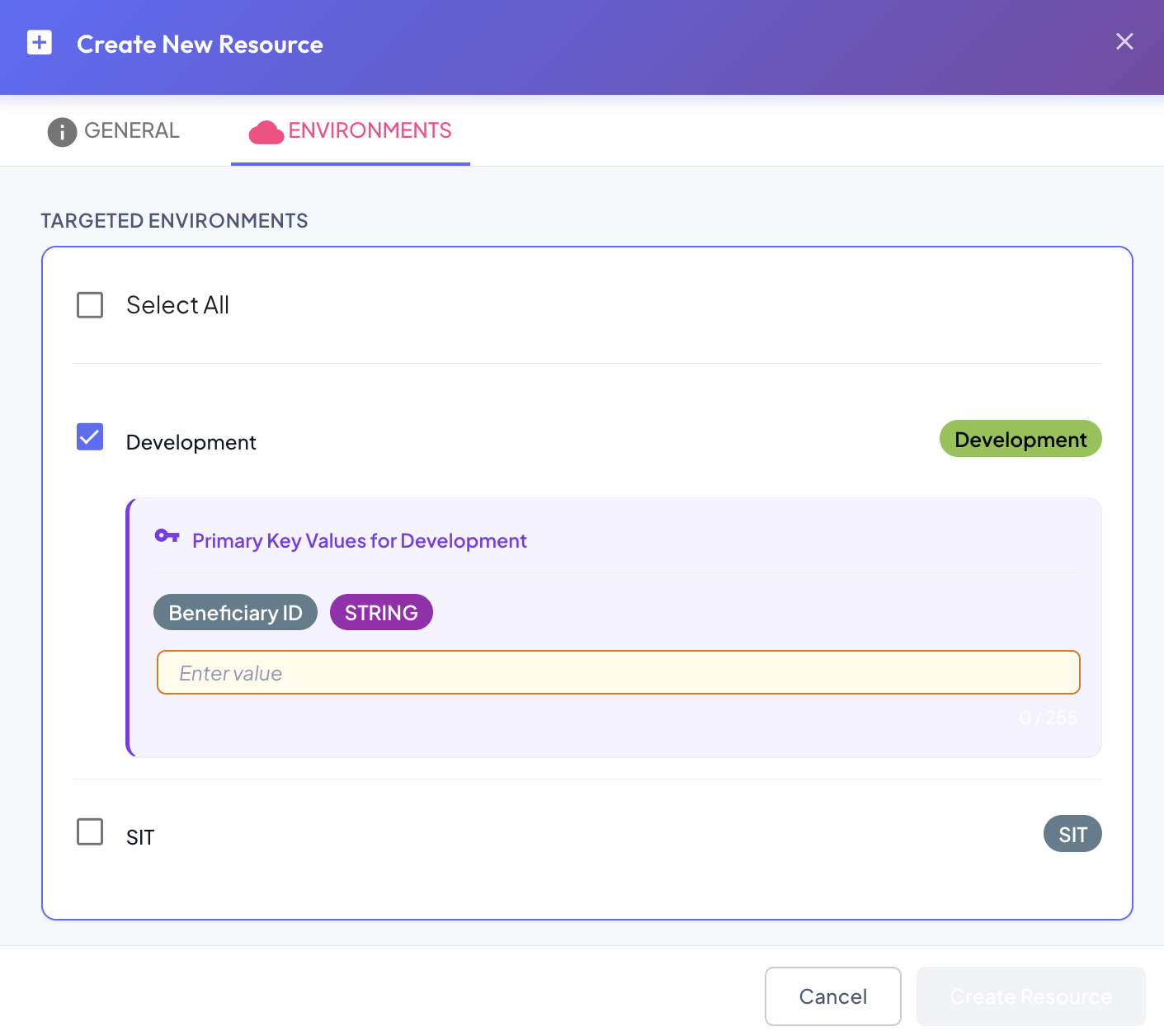 Create Resource — Environments
